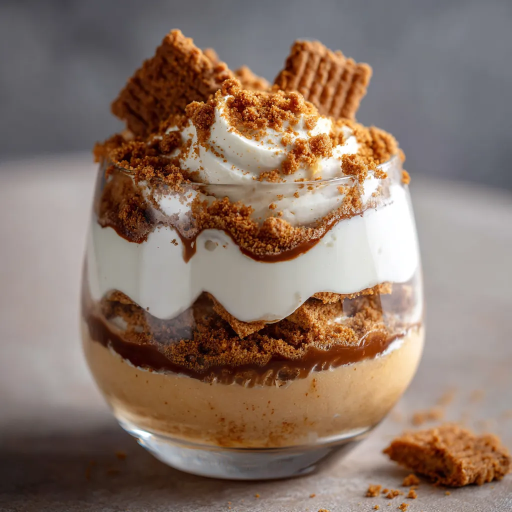 Mousse aux spéculoos servie en verrine avec morceaux de biscuits en décoration