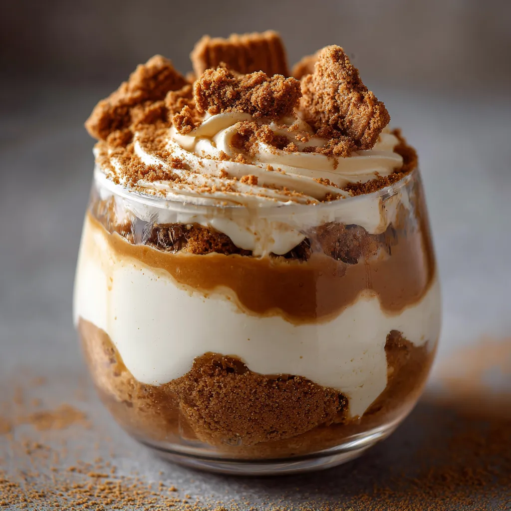 Mousse aux spéculoos servie en verrine avec morceaux de biscuits en décoration