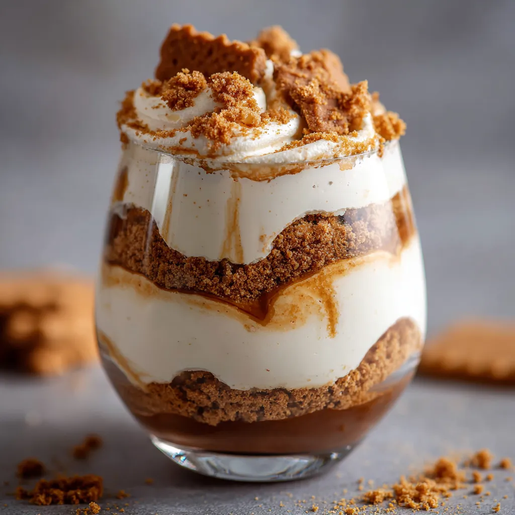 Mousse aux spéculoos servie en verrine avec morceaux de biscuits en décoration