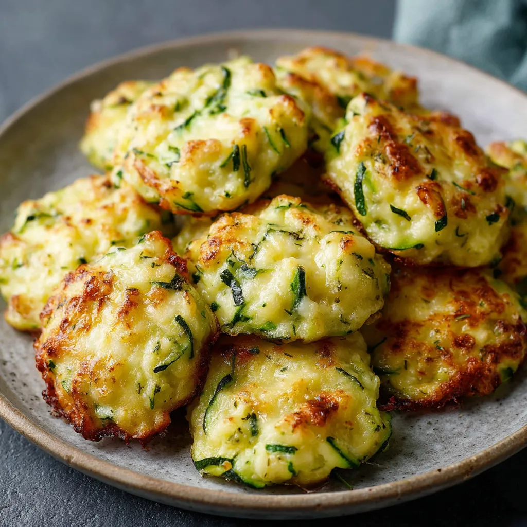 Nuages de courgettes au fromage dorés, légers et moelleux, servis sur une assiette pour un apéritif estival.