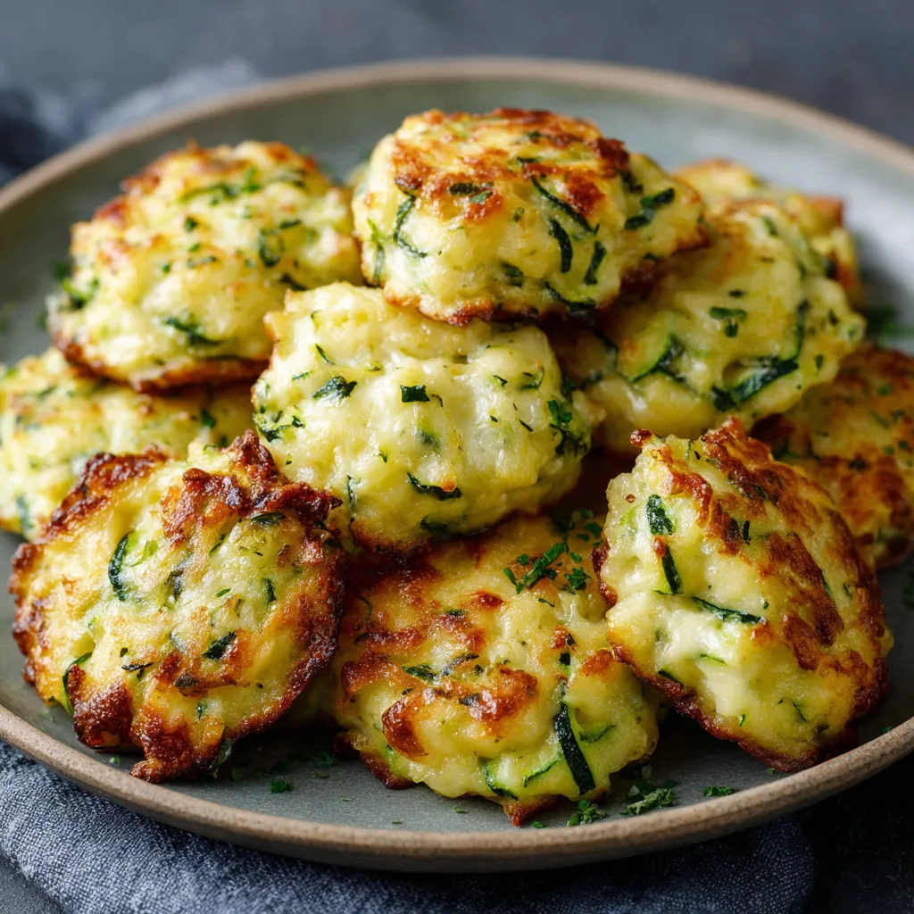 Nuages de courgettes au fromage dorés, légers et moelleux, servis sur une assiette pour un apéritif estival.