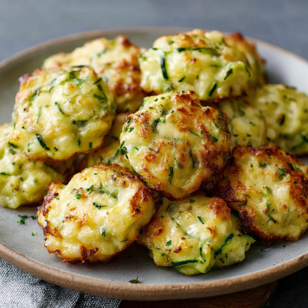 Nuages de courgettes au fromage dorés, légers et moelleux, servis sur une assiette pour un apéritif estival.