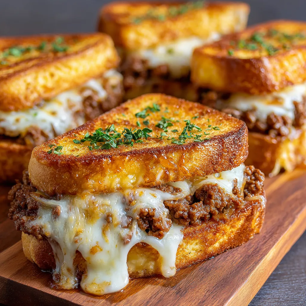 Pain grillé croustillant garni de viande hachée dorée et fromage fondu servi sur une assiette.