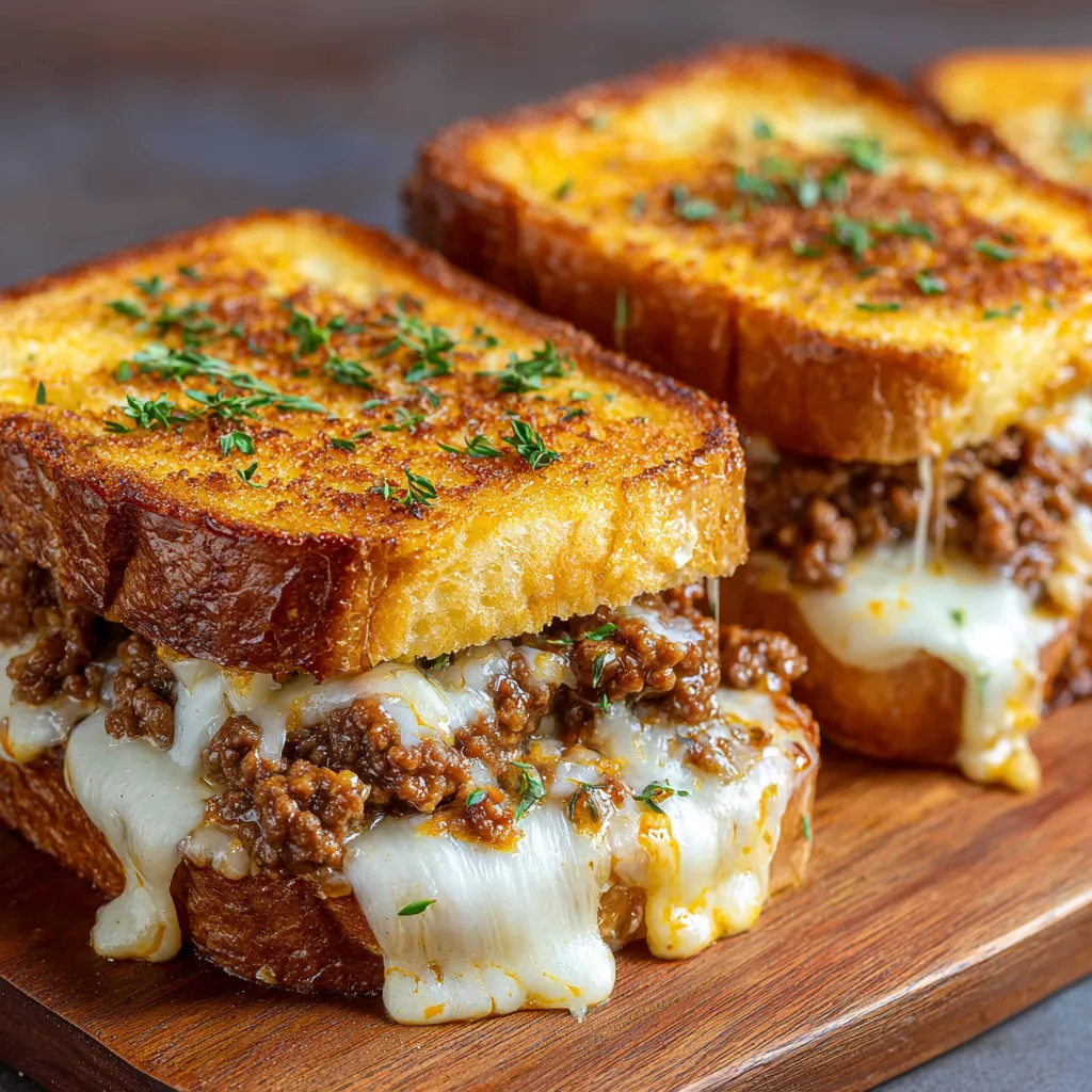 Pain grillé croustillant garni de viande hachée dorée et fromage fondu servi sur une assiette.