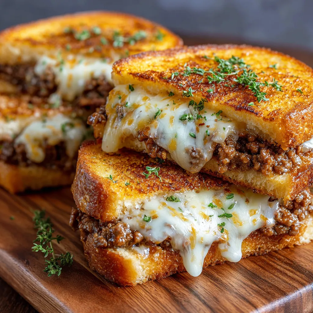 Pain grillé croustillant garni de viande hachée dorée et fromage fondu servi sur une assiette.