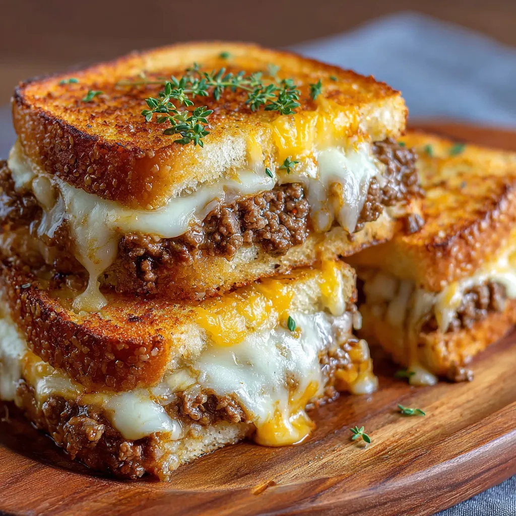 Pain grillé croustillant garni de viande hachée dorée et fromage fondu servi sur une assiette.