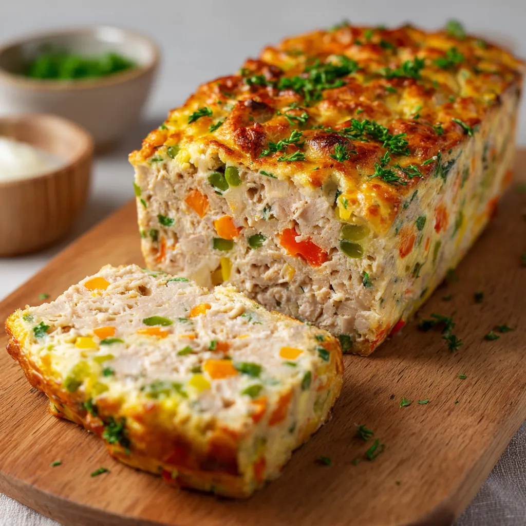 Pain de thon et macédoine frais, tranché et servi avec une salade verte
