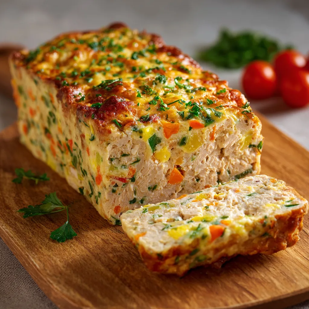 Pain de thon et macédoine frais, tranché et servi avec une salade verte