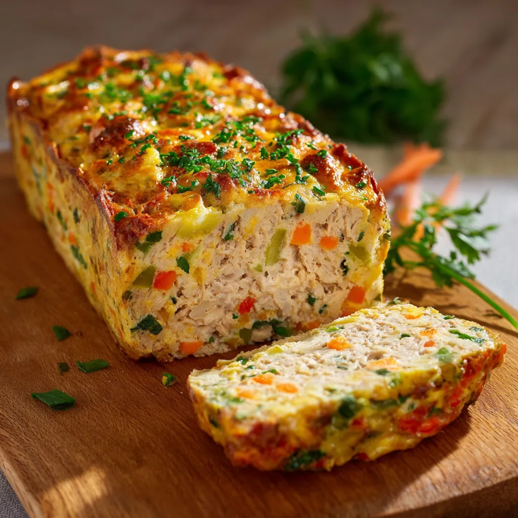 Pain de thon et macédoine frais, tranché et servi avec une salade verte