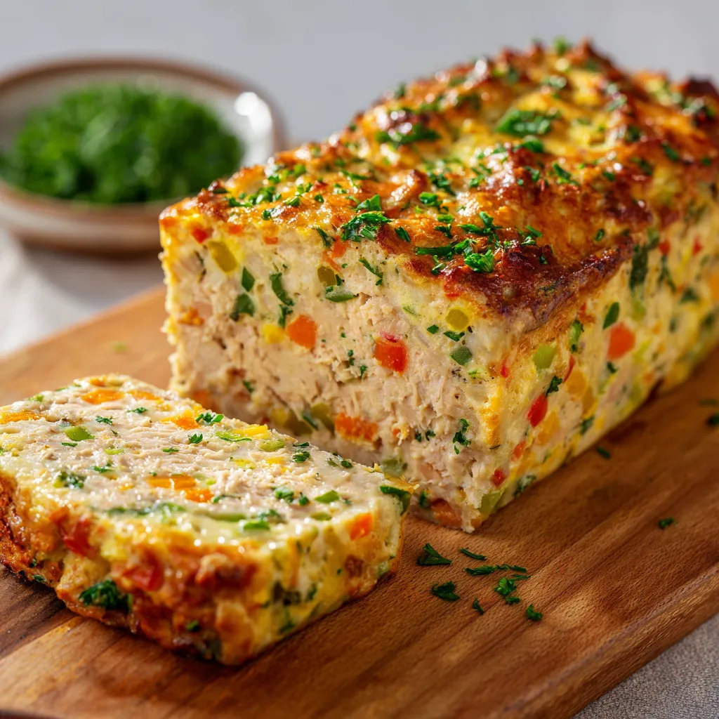 Pain de thon et macédoine frais, tranché et servi avec une salade verte