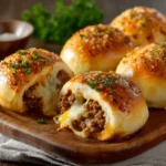 Pains farcis à la viande de bœuf et fromage dorés au four sur une plaque de cuisson