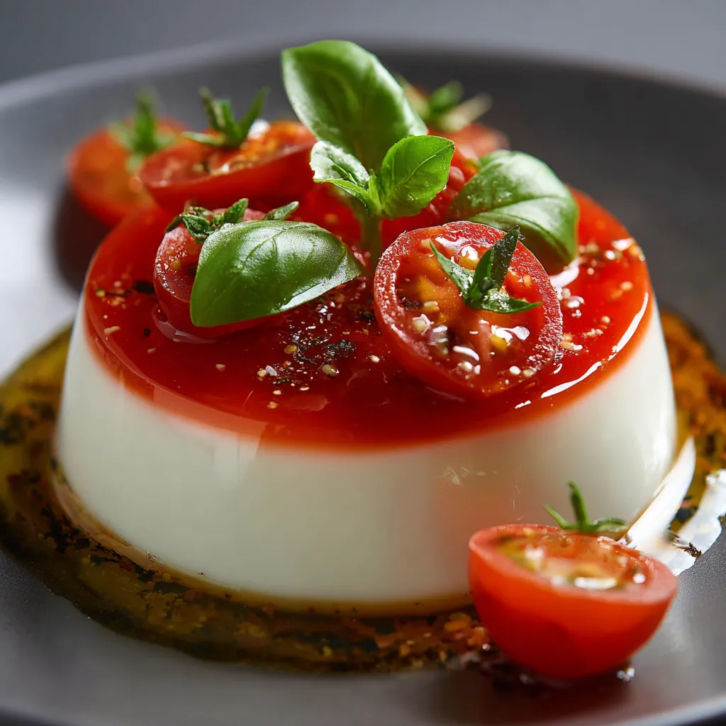 Panna cotta salée en verrine avec tomates fraîches, crème de mozzarella et basilic