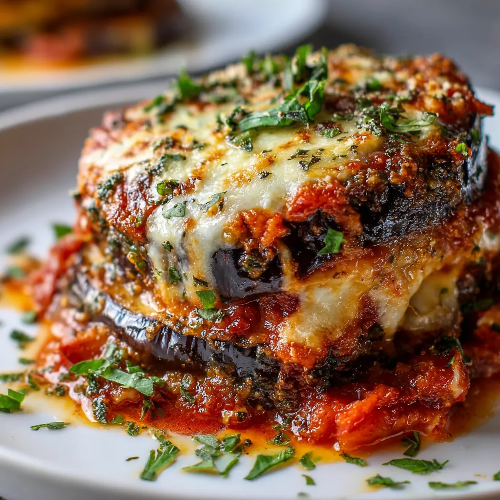 Parmigiana d’aubergines fondante gratinée avec mozzarella et basilic frais