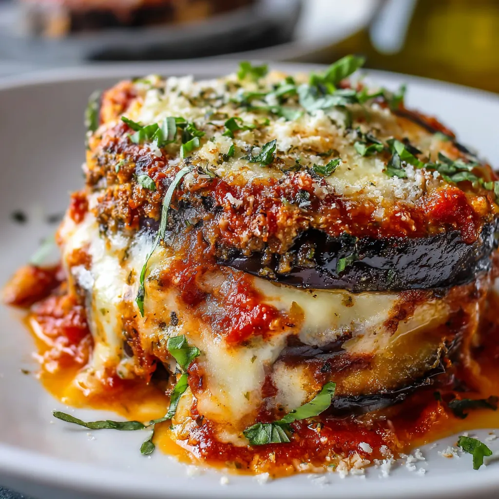 Parmigiana d’aubergines fondante gratinée avec mozzarella et basilic frais