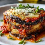 Parmigiana d’aubergines fondante gratinée avec mozzarella et basilic frais