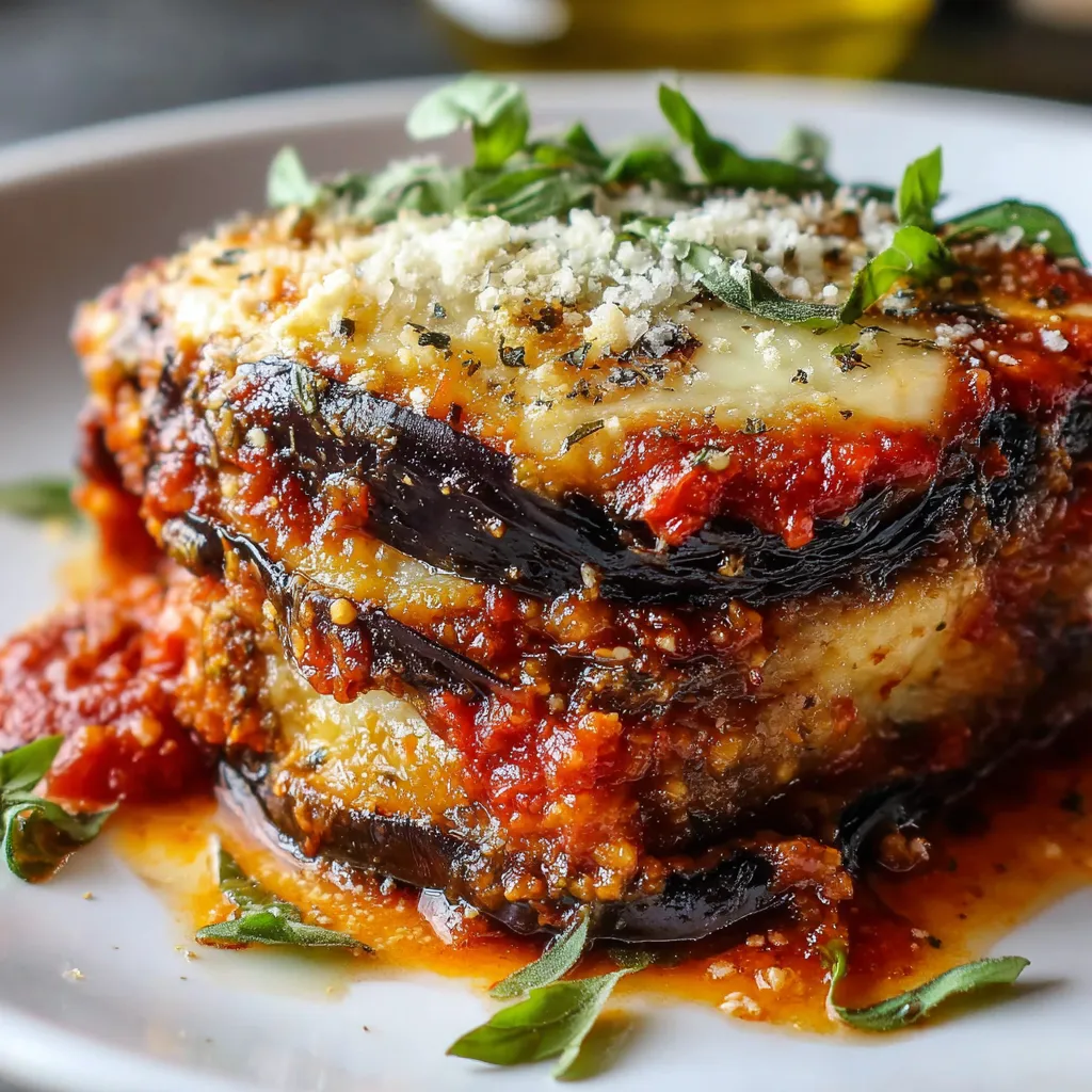 Parmigiana d’aubergines fondante gratinée avec mozzarella et basilic frais