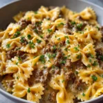 Pâtes papillon à la viande hachée servies avec une sauce crémeuse et du parmesan râpé