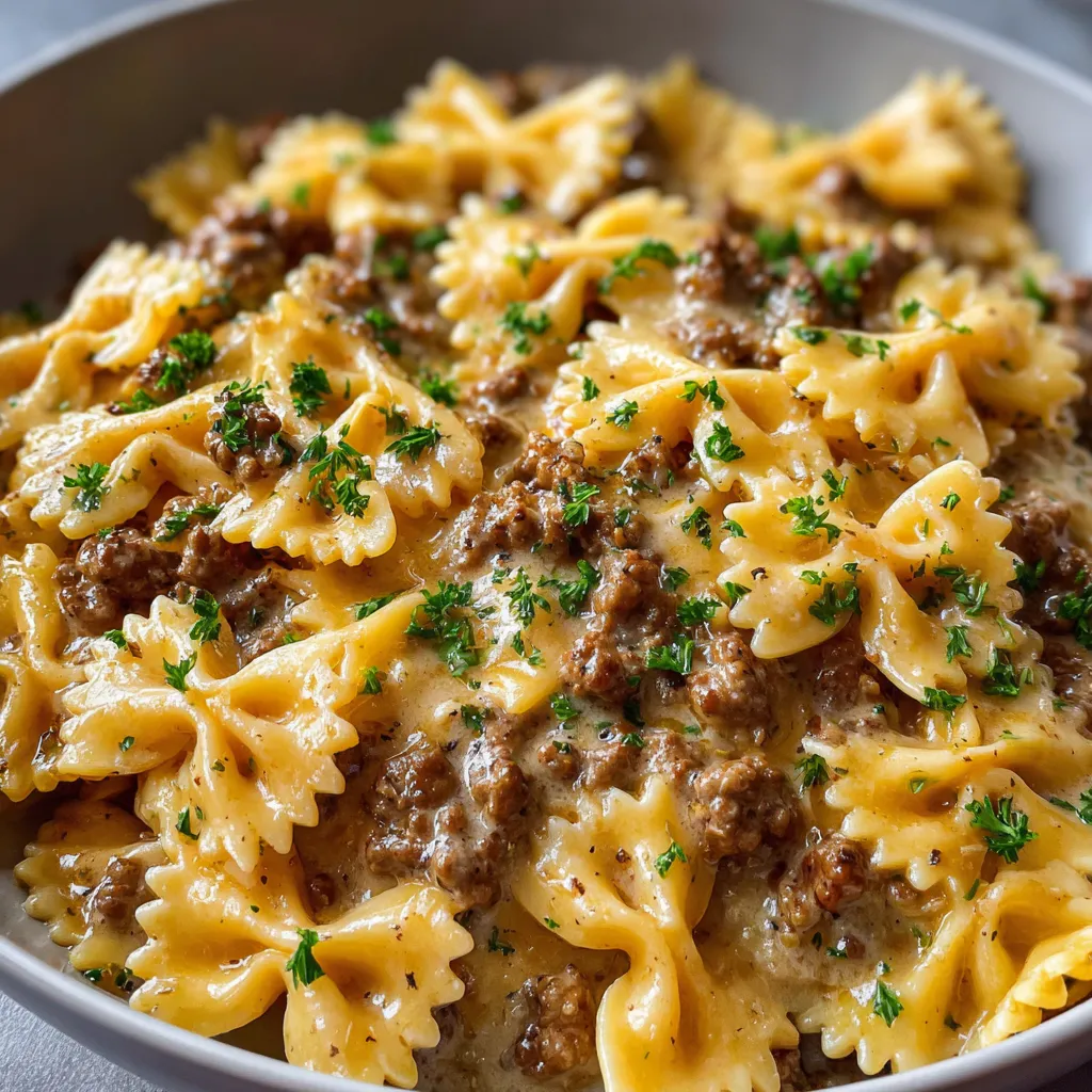Pâtes papillon à la viande hachée servies avec une sauce crémeuse et du parmesan râpé