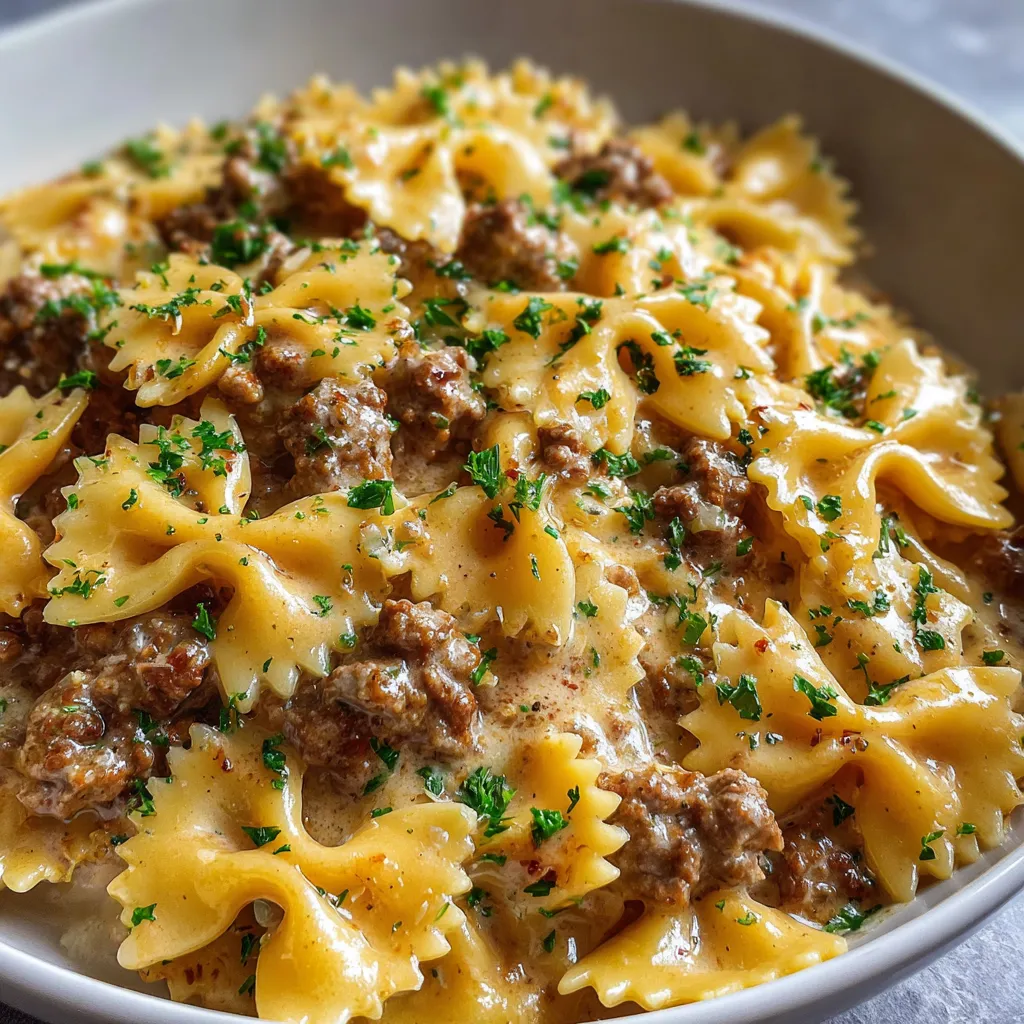 Pâtes papillon à la viande hachée servies avec une sauce crémeuse et du parmesan râpé
