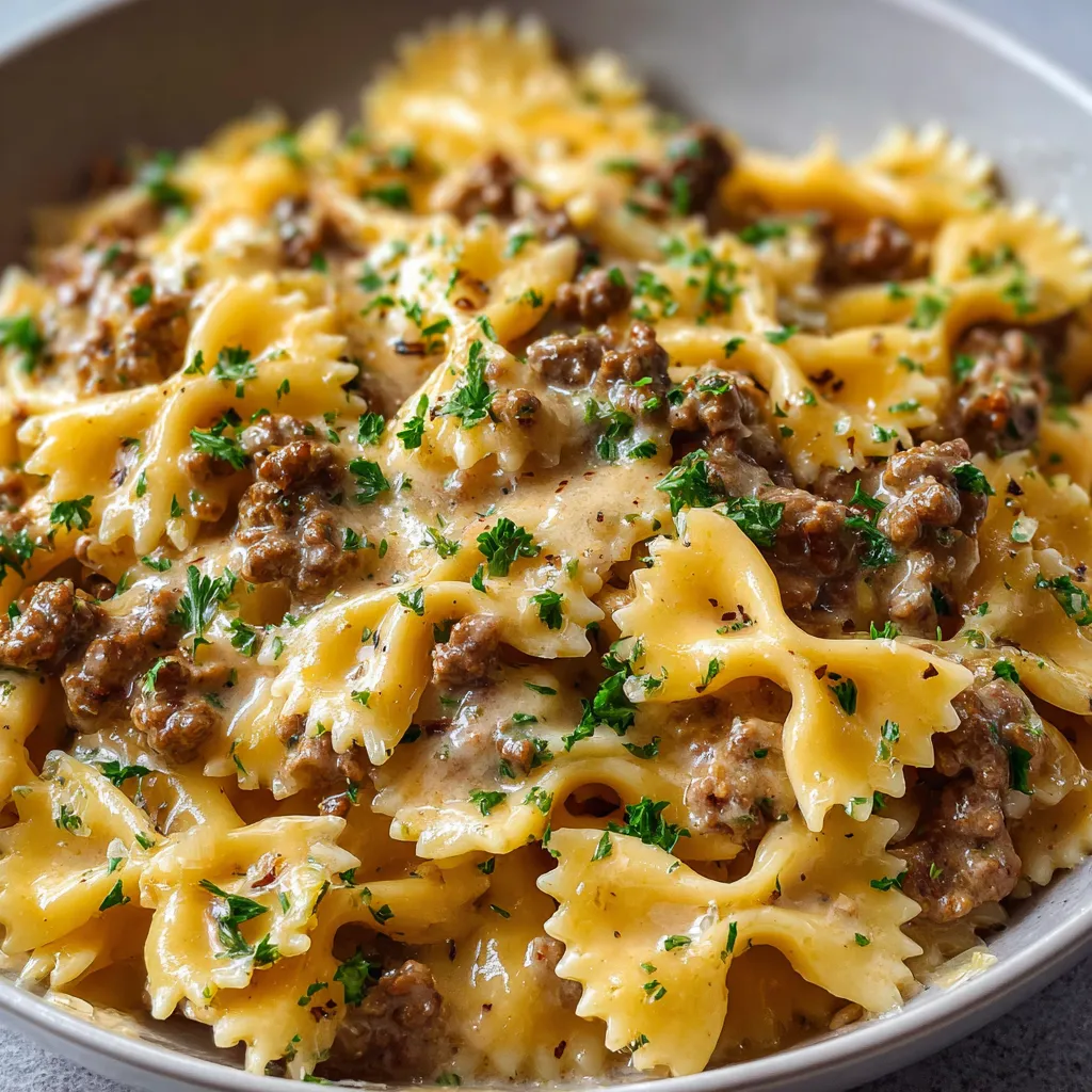 Pâtes papillon à la viande hachée servies avec une sauce crémeuse et du parmesan râpé