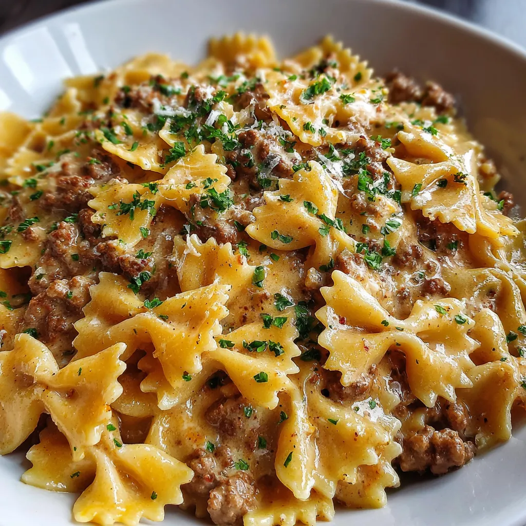 Pâtes papillon à la viande hachée servies avec une sauce crémeuse et du parmesan râpé
