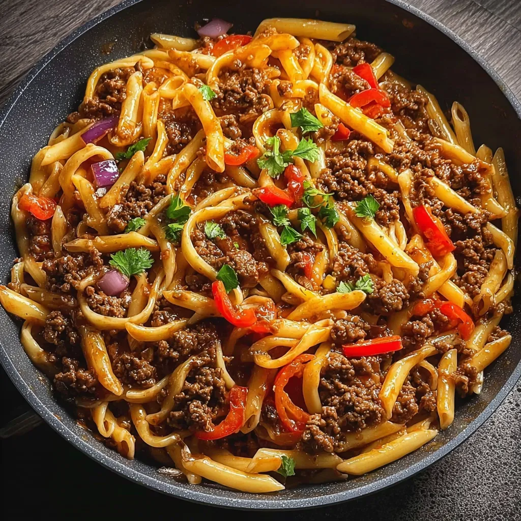 Pâtes au bœuf, piment et miel servies dans une poêle avec coriandre fraîche et quartiers de citron vert.