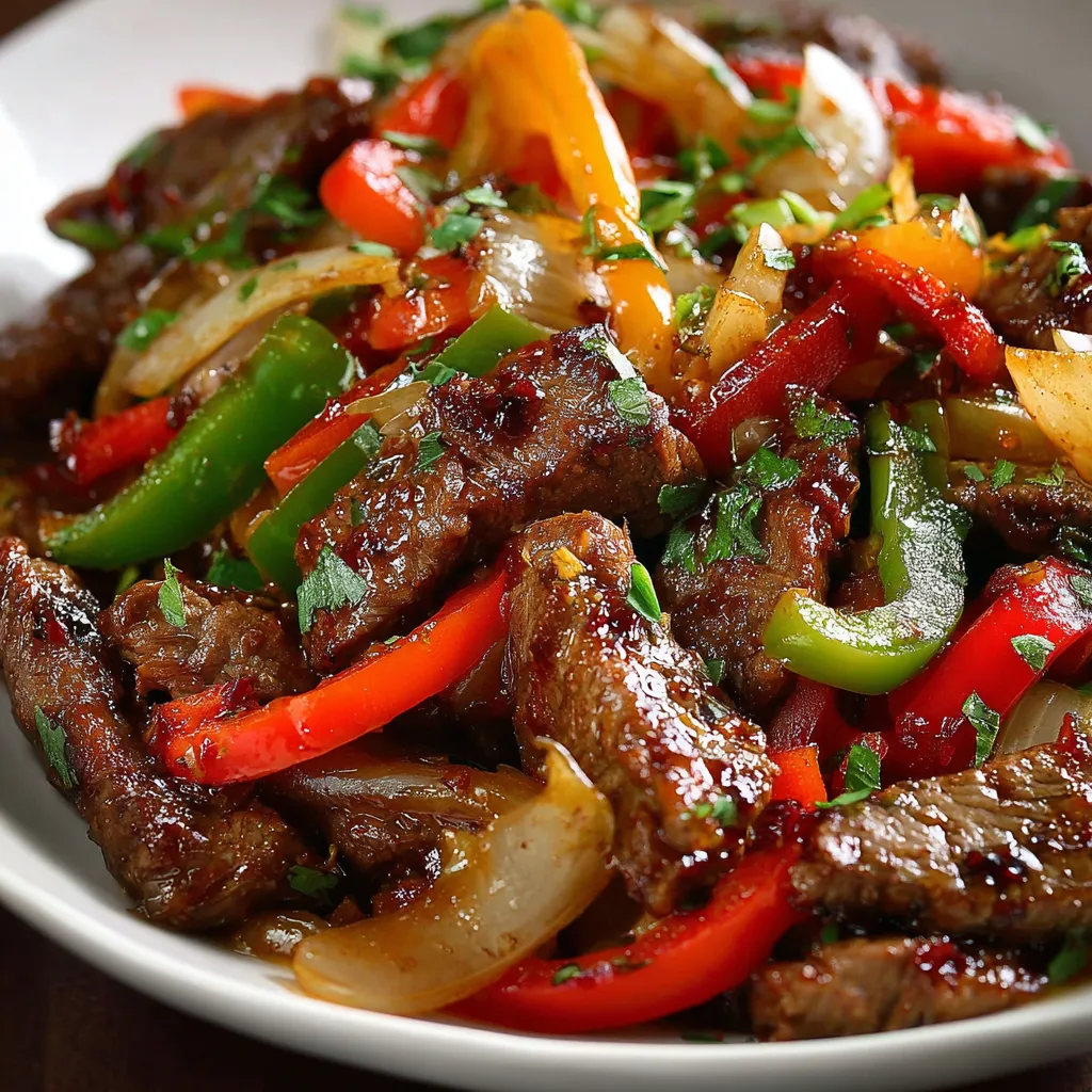 Pepper steak aux poivrons et oignons servi dans un wok avec du riz blanc en accompagnement.