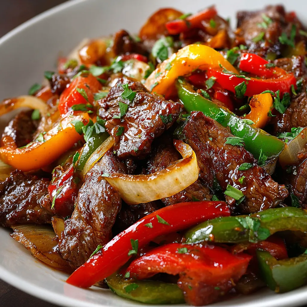 Pepper steak aux poivrons et oignons servi dans un wok avec du riz blanc en accompagnement.
