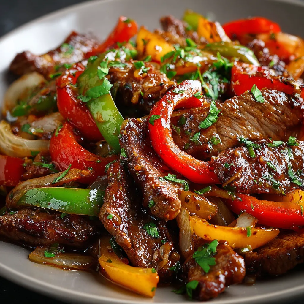 Pepper steak aux poivrons et oignons servi dans un wok avec du riz blanc en accompagnement.