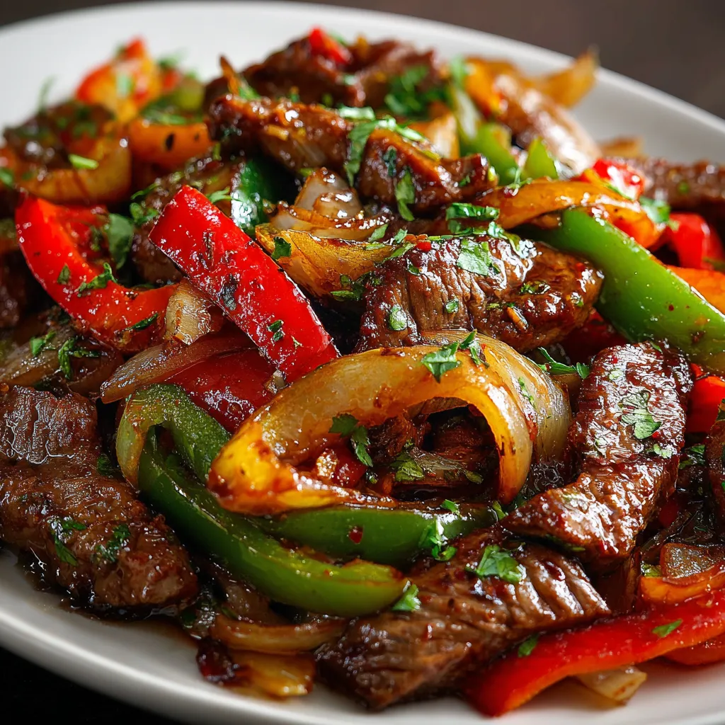 Pepper steak aux poivrons et oignons servi dans un wok avec du riz blanc en accompagnement.