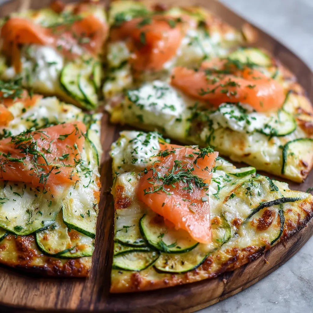 Pizza à la courgette et au saumon fumé sortie du four avec pâte dorée et garniture fraîche