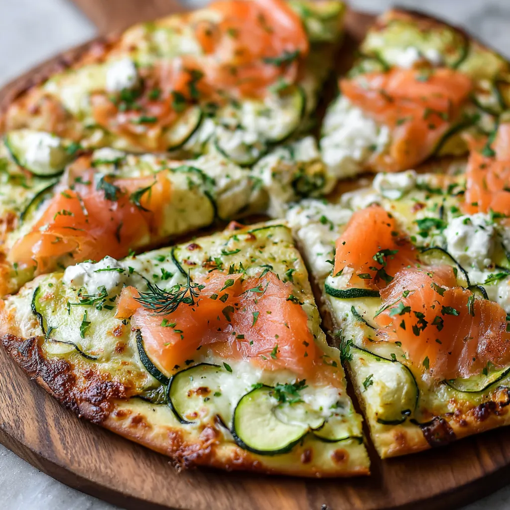 Pizza à la courgette et au saumon fumé sortie du four avec pâte dorée et garniture fraîche
