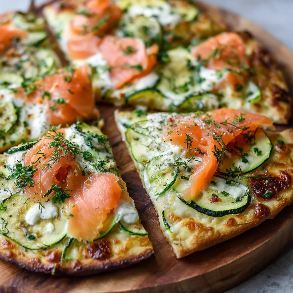 Pizza à la courgette et au saumon fumé sortie du four avec pâte dorée et garniture fraîche