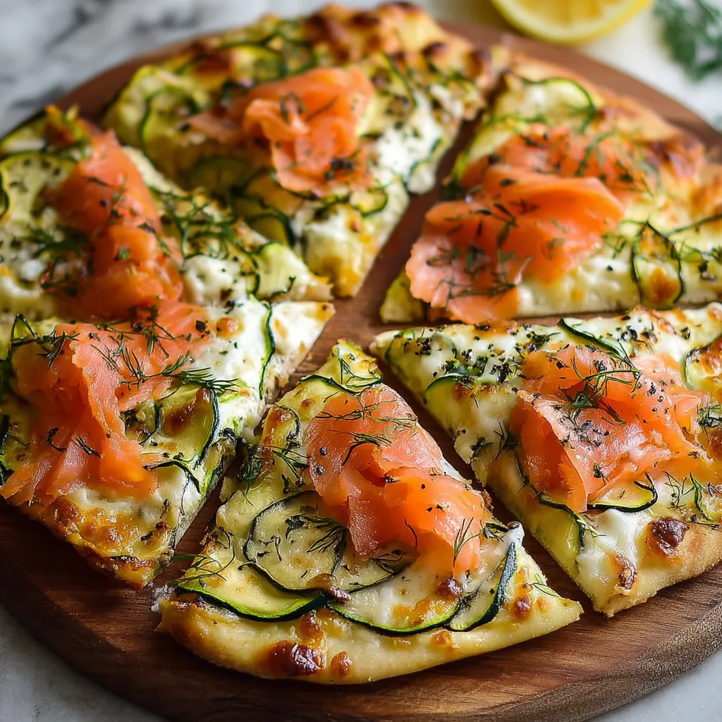 Pizza à la courgette et au saumon fumé sortie du four avec pâte dorée et garniture fraîche