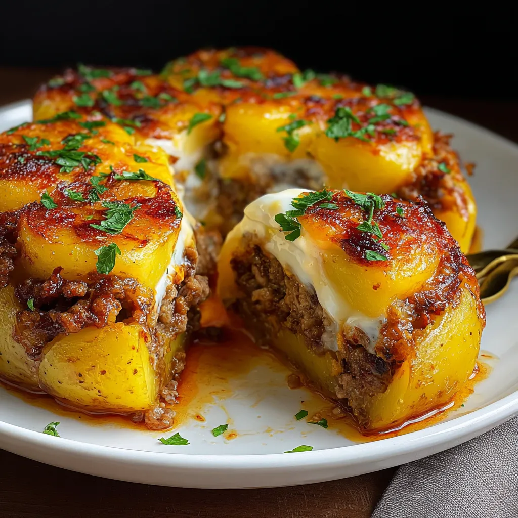 Pommes de Terre Farcies à la Viande gratinées au four avec sauce fraîche citronnée