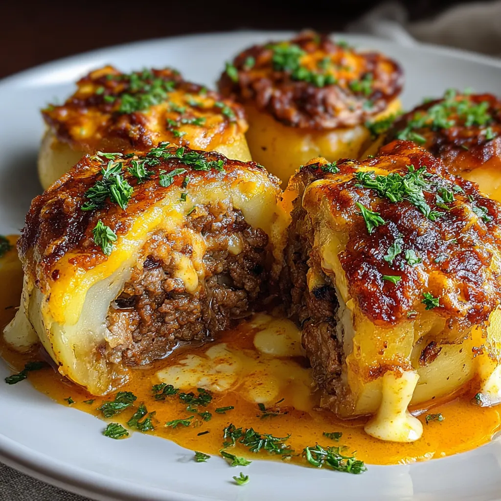 Pommes de Terre Farcies à la Viande gratinées au four avec sauce fraîche citronnée
