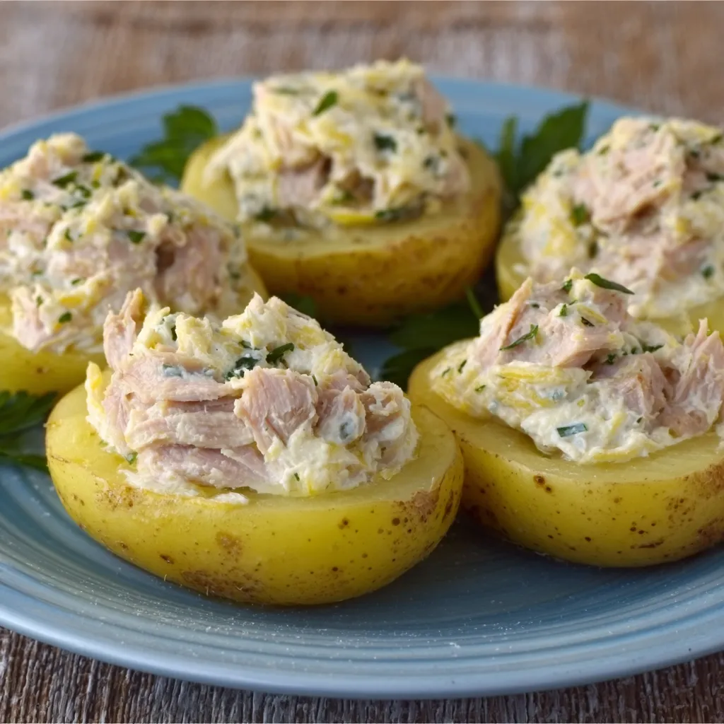 Pommes de terre farcies froides au thon sur un plat de service avec herbes fraîches et filet d’huile d’olive