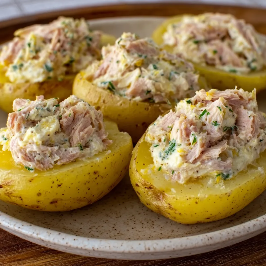 Pommes de terre farcies froides au thon sur un plat de service avec herbes fraîches et filet d’huile d’olive