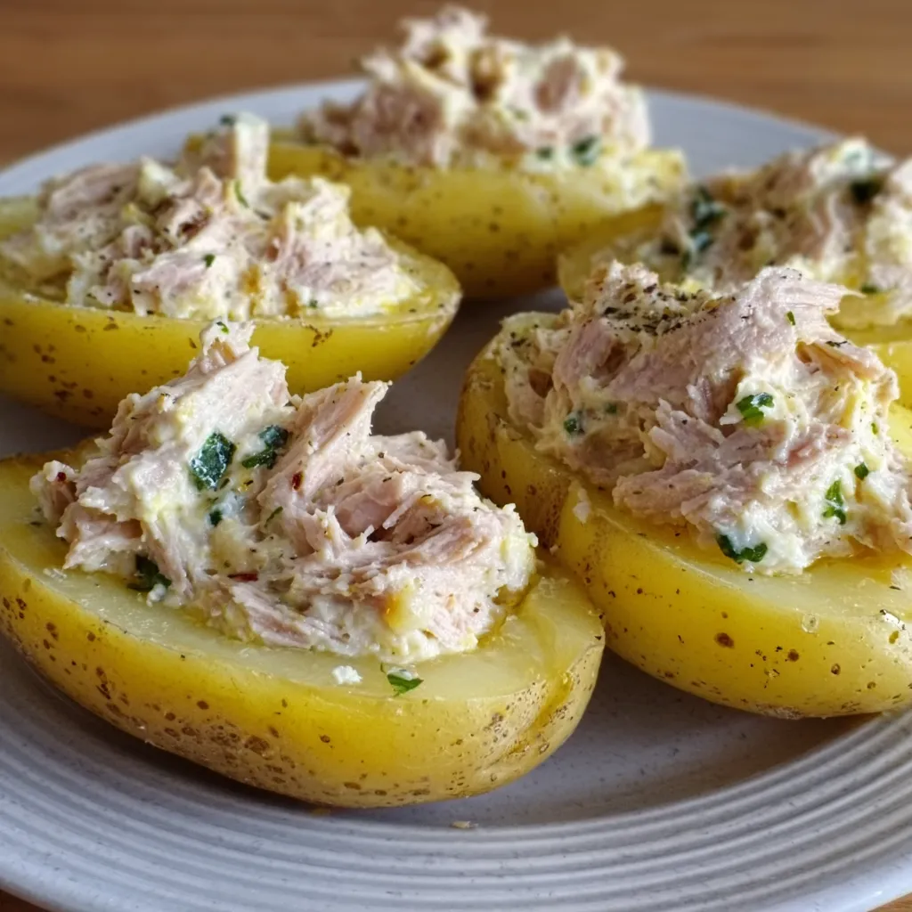 Pommes de terre farcies froides au thon sur un plat de service avec herbes fraîches et filet d’huile d’olive