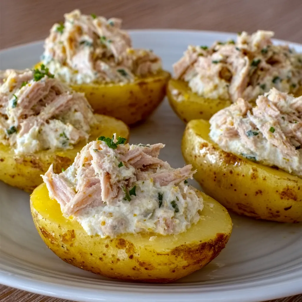 Pommes de terre farcies froides au thon sur un plat de service avec herbes fraîches et filet d’huile d’olive