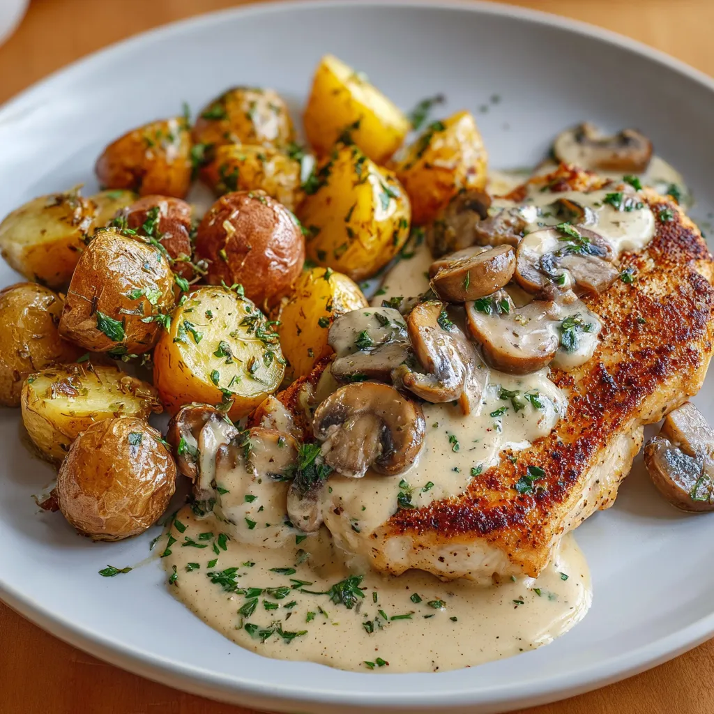 Assiette de poulet poêlé nappé de sauce crémeuse aux champignons