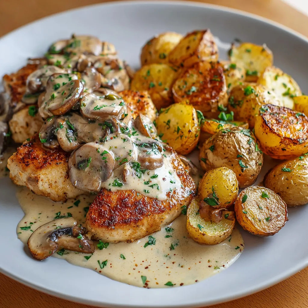 Assiette de poulet poêlé nappé de sauce crémeuse aux champignons