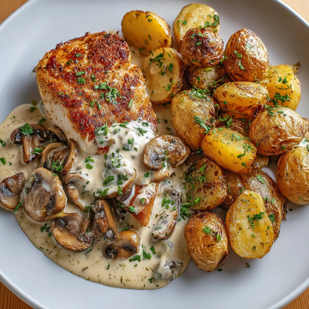 Assiette de poulet poêlé nappé de sauce crémeuse aux champignons