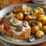 Assiette de poulet poêlé nappé de sauce crémeuse aux champignons