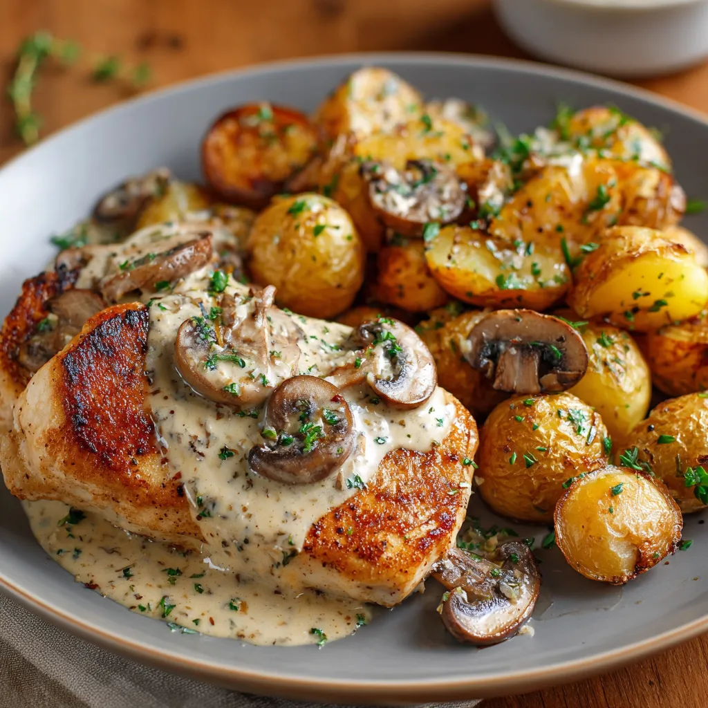 Assiette de poulet poêlé nappé de sauce crémeuse aux champignons