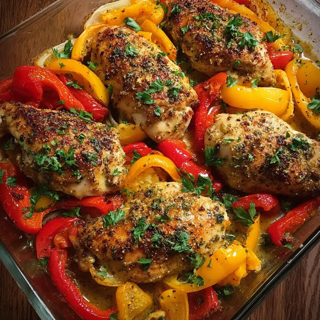 Poulet rôti à l’ail et au citron avec poivrons colorés, prêt à être servi