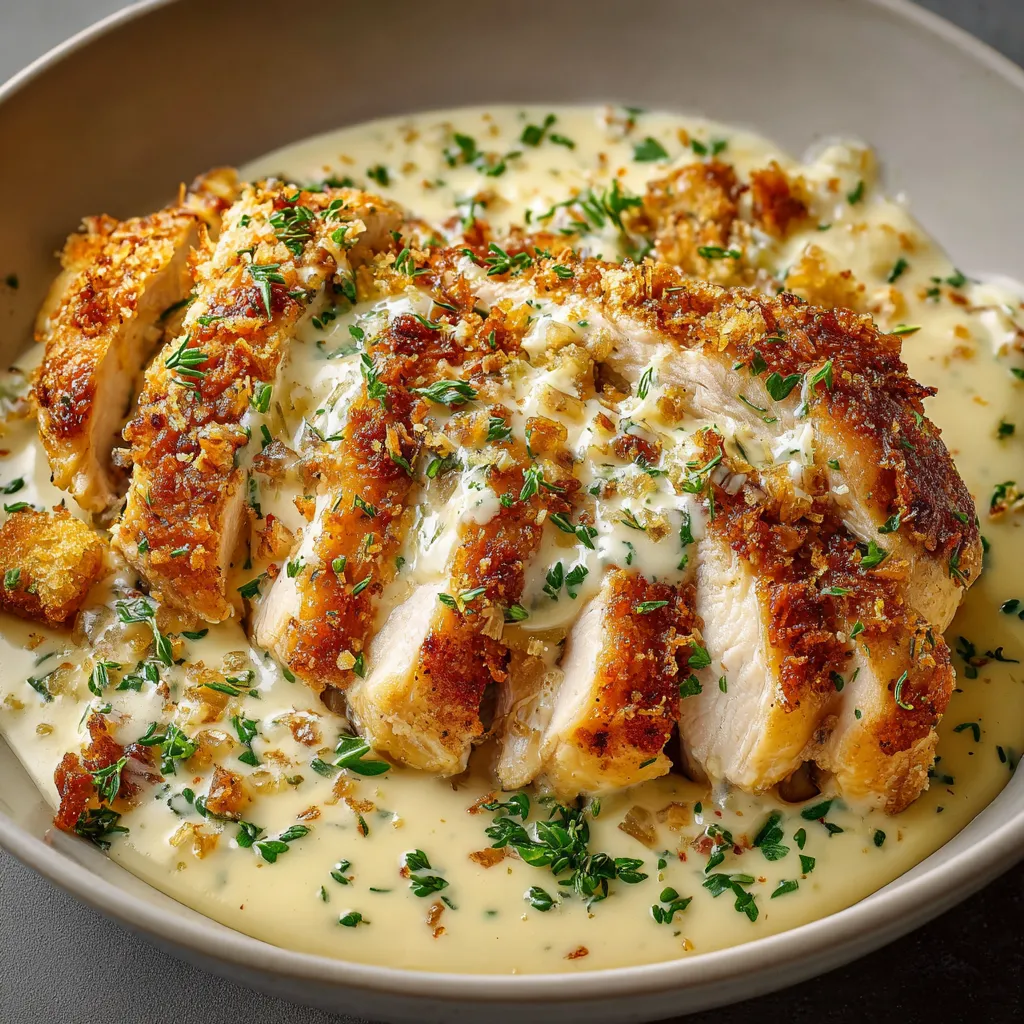 Poulet à la crème et au fromage servi dans une assiette avec du riz