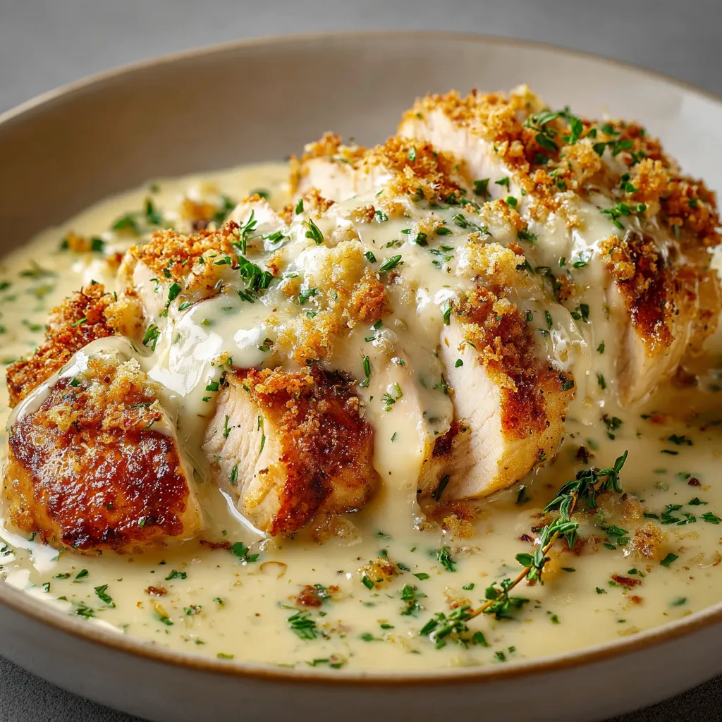 Poulet à la crème et au fromage servi dans une assiette avec du riz