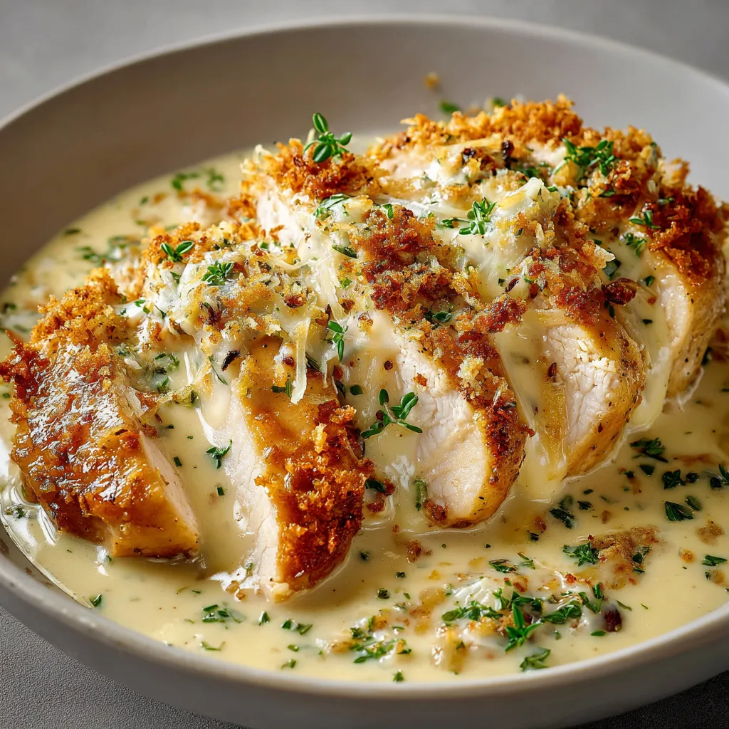 Poulet à la crème et au fromage servi dans une assiette avec du riz