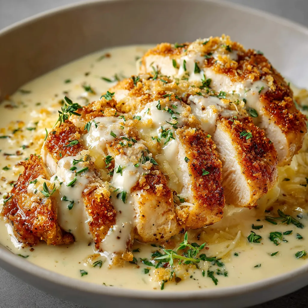 Poulet à la crème et au fromage servi dans une assiette avec du riz